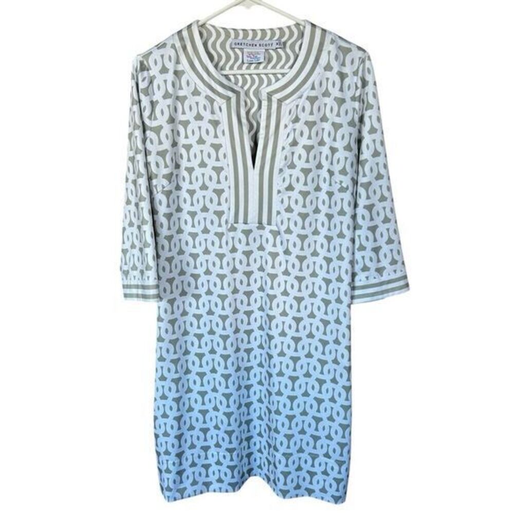 Gretchen Scott‎ Womens Medium Split Neck Jersey Dress Loop DeLu Geo Gray White